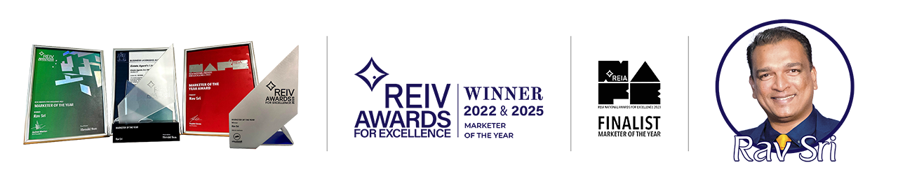 REIV Marketer of the Year, Winner 2022 and 2025, with award trophies and Rav Sri